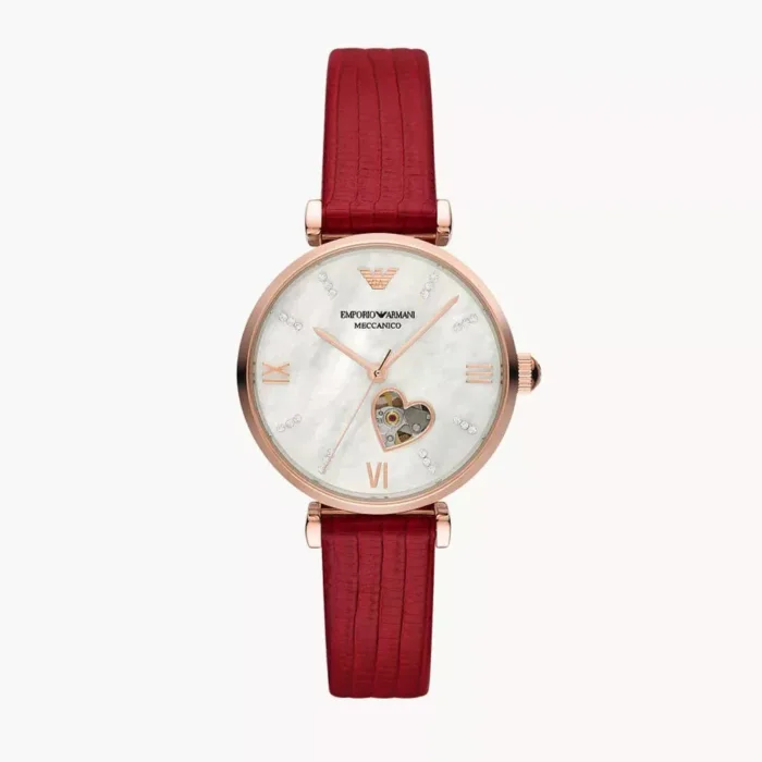 Emporio Armani Gianni T-Bar Mother of Pearl White Dial Red Leather Strap Watch For Women - AR60048 - Image 8